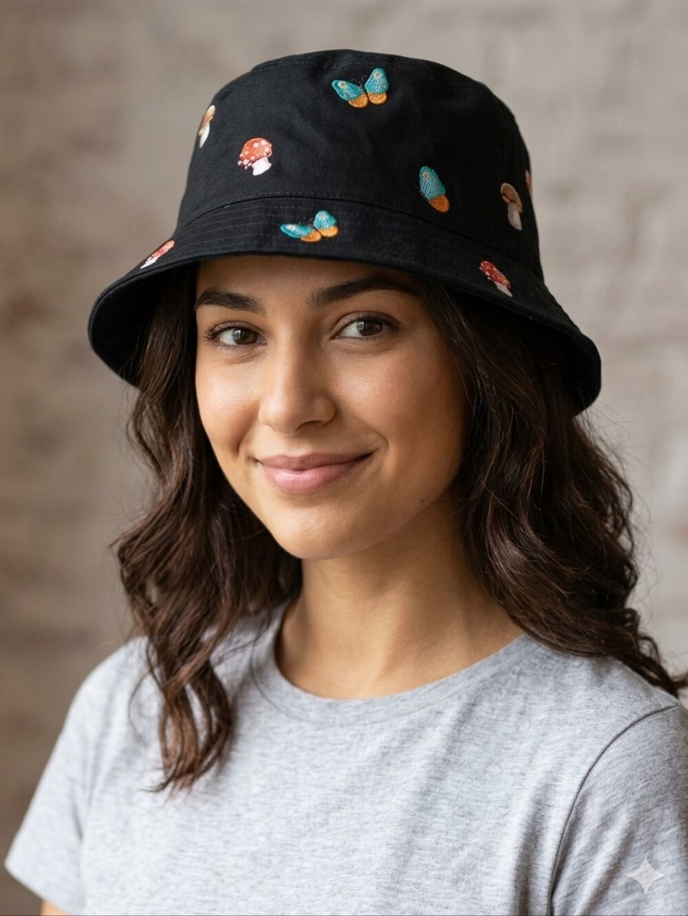 Hot Topic Black Bucket Hat with Embroidered Butterflies & Red Mushrooms
